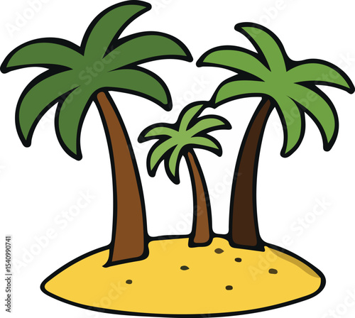 A cartoon of three palm trees growing on a small island with yellow sand and brown trunks.