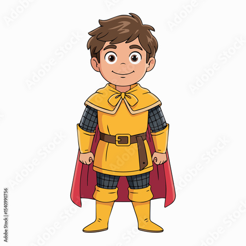 A cheerful young prince in a bright yellow medieval costume with a red cape illustration cartoon character design boy kid