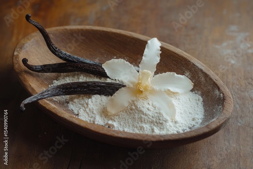 Vanilla beans with flower, flour, and wood bowl. photo