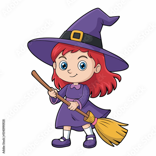 Adorable little witch girl with purple dress and broom halloween cartoon illustration red kid fun hair cute child happy