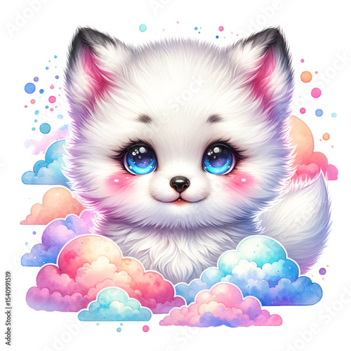Whimsical Cloud Fox: An adorable, fluffy fox cub peeks from behind vibrant, pastel-colored clouds, its large, expressive eyes filled with wonder and innocence. A dreamy.