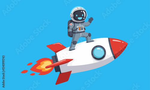 Cute Robot Astronaut Waving While Riding a Rocket. Friendly robot astronaut waving on a rocket.