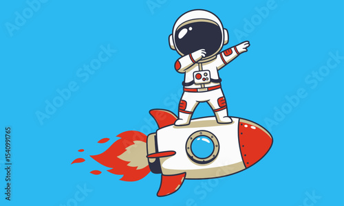 Dabbing Astronaut Riding Rocket with Fiery Exhaust. A dynamic cartoon illustration of a white-suited astronaut performing a "dab" pose while standing on a red and white rocket.