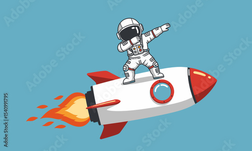 Dabbing Astronaut Riding Rocket with Fiery Exhaust. A dynamic cartoon illustration of a white-suited astronaut performing a "dab" pose while standing on a red and white rocket.