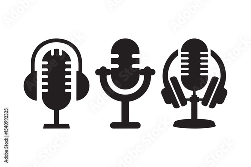 Podcast Equipment Microphone Headphone Silhouette Set