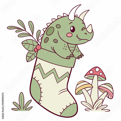 Delightful Amused Triceratops in a Fairy forest scene with snuggled in a sock – Whimsy Woods vector illustration