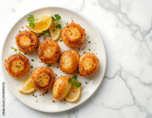 Fried scallops served on a white plate with fresh lemon wedges and herbs