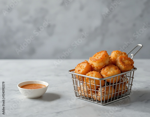 Fried scallops served in a metal basket alongside dipping sauce on a light granite countertop