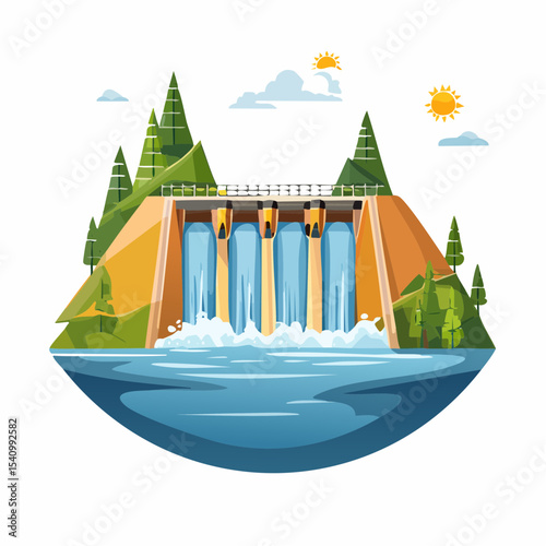 Hydroelectric Dam Sustainable Energy Source, Scenic Landscape Illustration