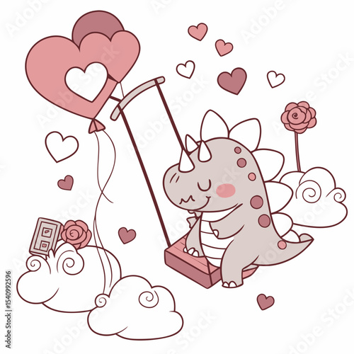 SVG art: A Content Triceratops in a Valentine vibe with on a cloud swing, tinted with Valentine Blush tones