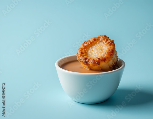 Delicious fried scallop served with savory dipping sauce on a light blue background for a culinary experience
