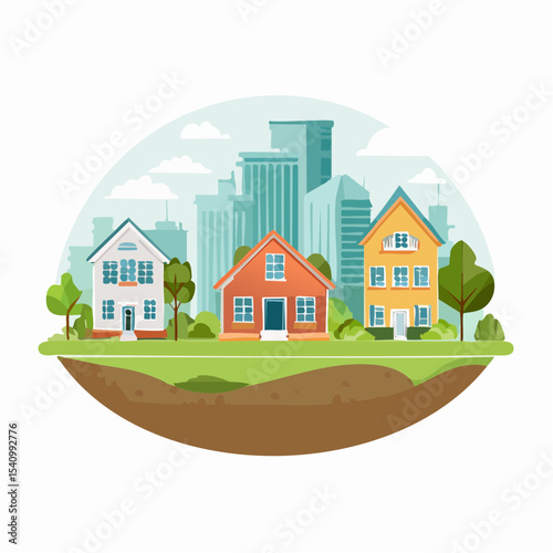 Charming Suburban Neighborhood Illustration Colorful Houses and City Skyline