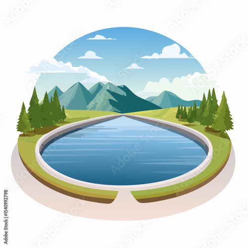 Serene Mountain Lake Landscape Tranquil Water Reservoir Illustration