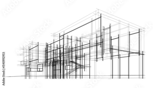 Modern house building sketch architectural vector 3d illustration