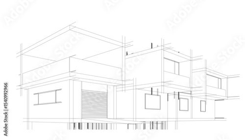 Modern house building sketch architectural vector 3d illustration