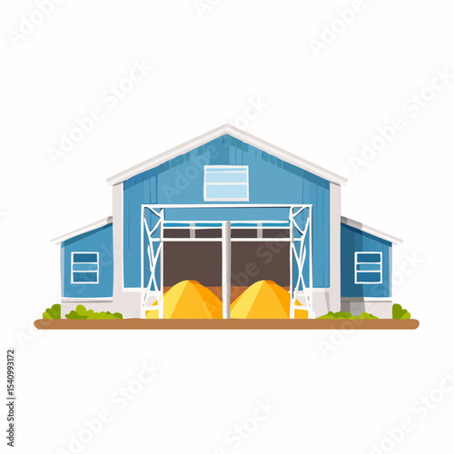 Blue Farm Barn with Grain Storage Agricultural Building Illustration