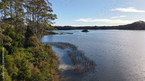 Aerial view of Lake Manuwai, a man made irrigation lake in Northland, New Zealand