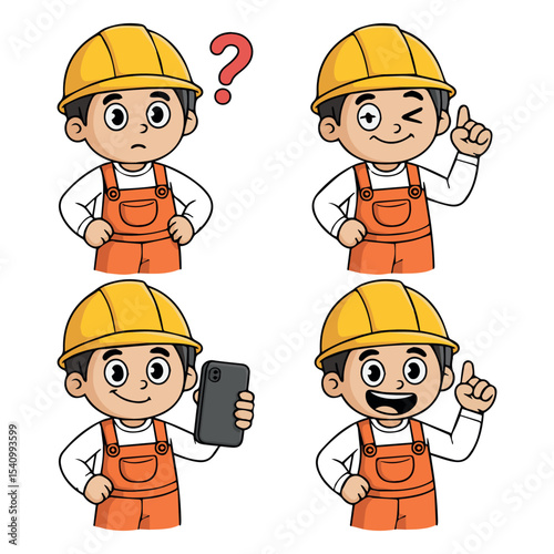 Cute cartoon construction worker character set diverse poses illustrations sad kid icon funny image happy child design