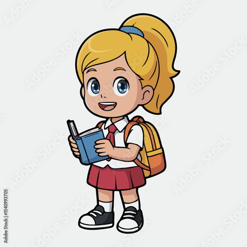 Adorable happy schoolgirl cartoon character reading book with backpack kid fun cute child young books smile design vector