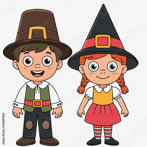 Adorable cartoon children in pilgrim and witch costumes for fall holiday celebration boy fun cute kids girl happy image
