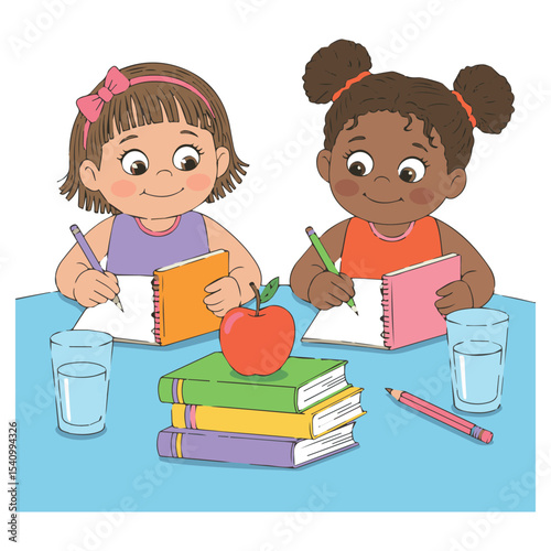 Two happy girls studying together at a table with books and pencils a cheerful illustration of childhood education and