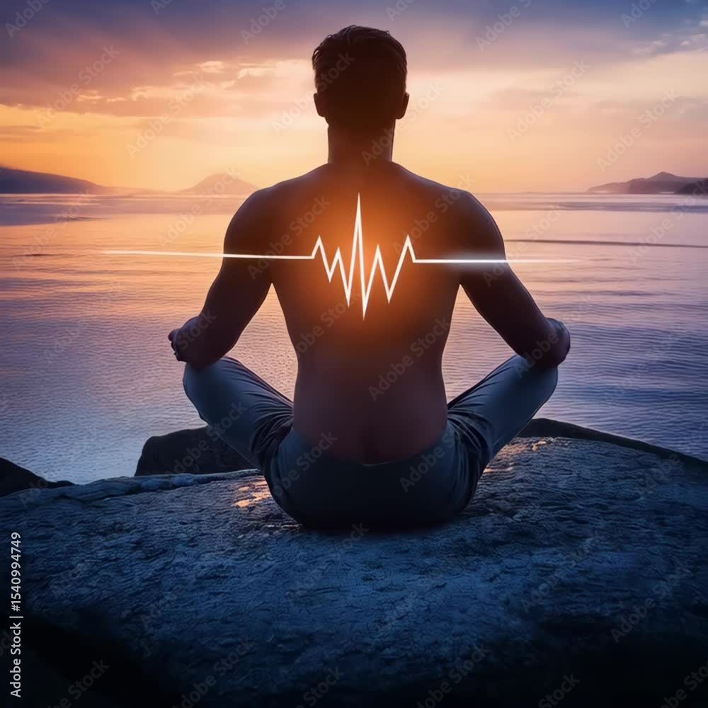 Man Silhouetted by Sunset with Heartbeat Illustration on Back