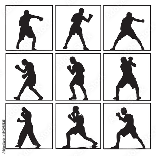 boxing silhouette set, Black & White silhouette set