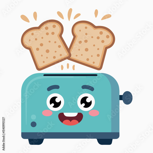 Adorable cartoon toaster with two slices of perfectly toasted brown bread popping up happy breakfast food illustration