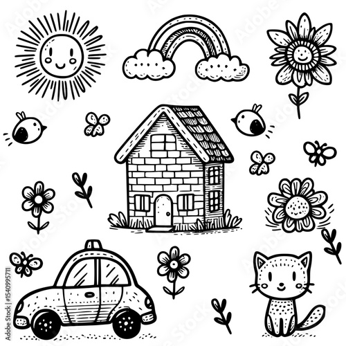 vector illustration of a farm and animals, crayon of semelles 
