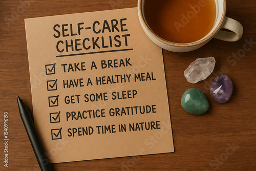 self-care routine. A self-care checklist on paper lists five wellness tips next to a cup of tea, crystals, and a pen on a wooden surface.