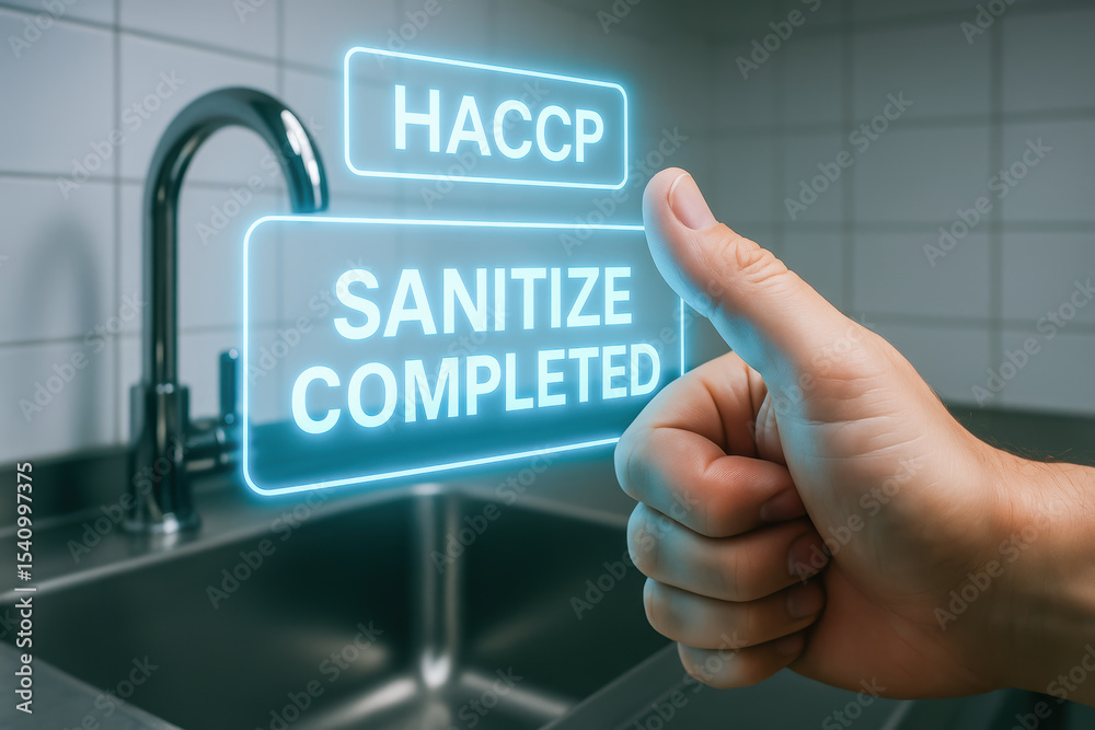 Naklejka premium HACCP hazard analysis ensures critical control point sanitation completed with thumbs up near stainless steel kitchen sink for safety