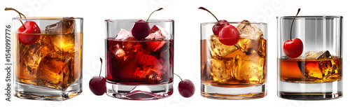 A stylish collection of four Manhattan cocktails served in short, clear glasses. Each drink is filled with ice cubes and topped with a maraschino cherry garnish. Isolated on transparent background.
