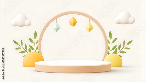 Minimalist product display stand with arch, hanging shapes, clouds and plants decoration