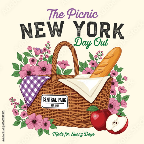 Summer Picnic vector design, vintage t-shirt design. New york picnic day artwork for t shirt, poster, graphic print, Holiday elements illustration