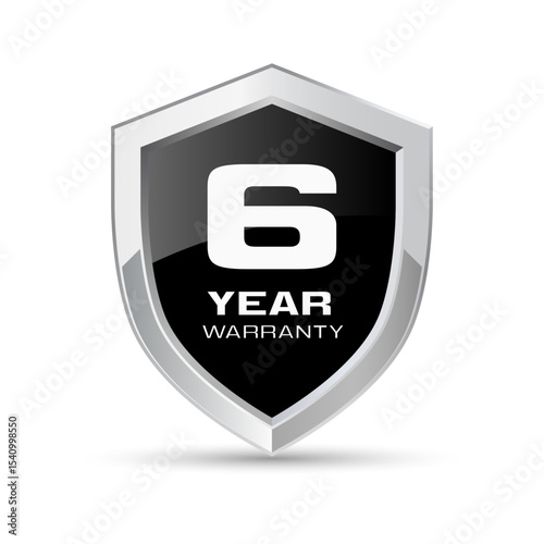 6 year warranty silver metal shield in black color vector illustration isolated on white background