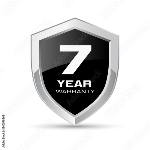 7 year warranty silver metal shield in black color vector illustration. Seven year warranty protection icon. Metallic security badge. Black glossy metal emblem.