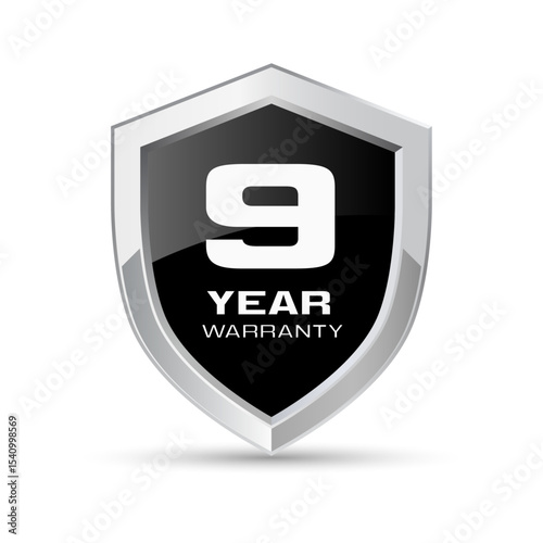 9 year warranty silver metal shield in black color vector illustration. Nine year warranty protection icon. Metallic security badge. Black glossy metal emblem.