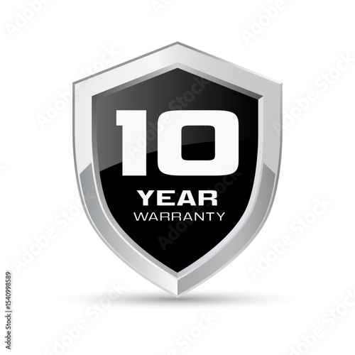 10 year warranty silver metal shield in black color vector illustration. Ten year warranty protection icon. Metallic security badge. Black glossy metal emblem.