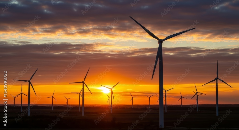 Obraz premium Majestic Sunset Over a Wind Farm Clean Energy and Renewable Resources