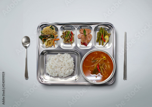 식판, 배식판, 군대 배식판, 무료 배식판, 무료배식, 쌀밥, 김치찌개, 잡채, 소세지 볶음, 고추장아찌, 멸치볶음, 한식, 도시락, 컨셉, 준비, 무료, 줄을서다, 육군, 군대, 짠밥, 밥퍼, 스테인레스 그릇, 주방, 배급, 구내식당, 대학식당