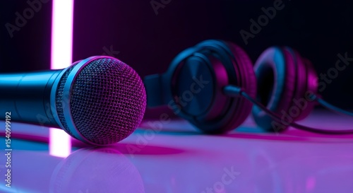 Close-up of Microphone and Headphones with Neon Purple and Blue Lighting Generative AI