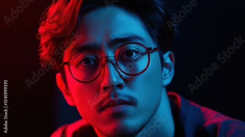 Young Asian Man Portrait in Neon Red and Blue Light