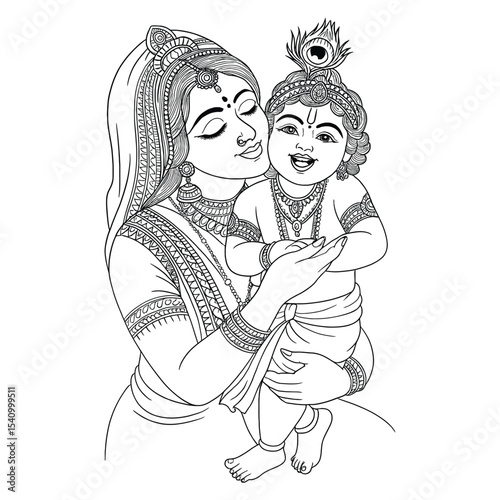 Beautiful Yashoda with Baby Krishna Line Art
