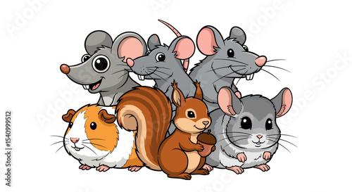 Cartoon illustration of a group of rodents and a squirrel together