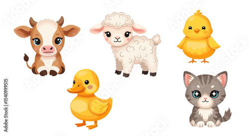 Illustration of a collection of cute cartoon farm and domestic animals