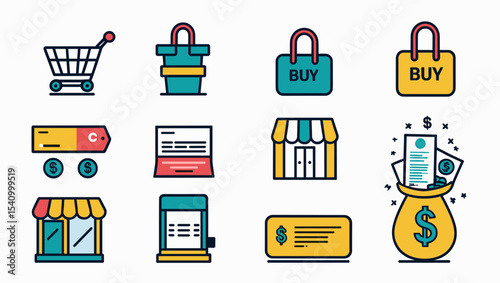 Illustration of shopping icons including bags cart and money elements