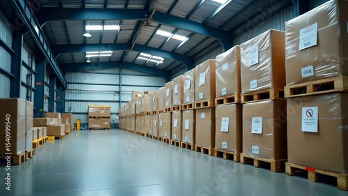 Industrial Goods Warehouse in Canada: Stacked Equipment, Pallet Tags, Export Readiness Indicators, High Bay Lighting, Empty Space for Text, Photo Stock Concept