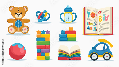 Illustration of a collection of colorful toys and baby accessories