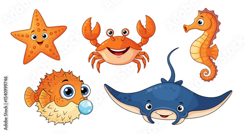 Illustration of starfish crab seahorse pufferfish and stingray animals