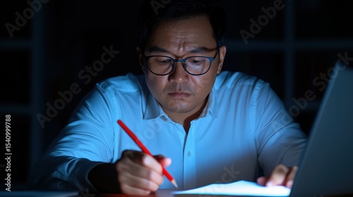 Concentrated Man Working Late on Documents at Night